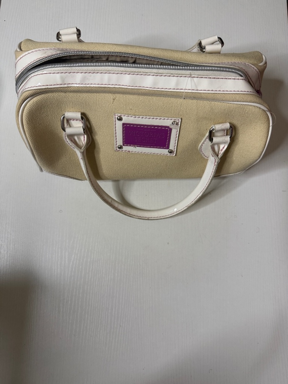 Victoria's Secret Cream Canvas Satchel with White Trim and Purple Logo